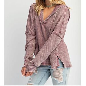 EUC easel Oversized Ribbed Hoodie Top Exposed Seams V Neck Tunic Purple Small